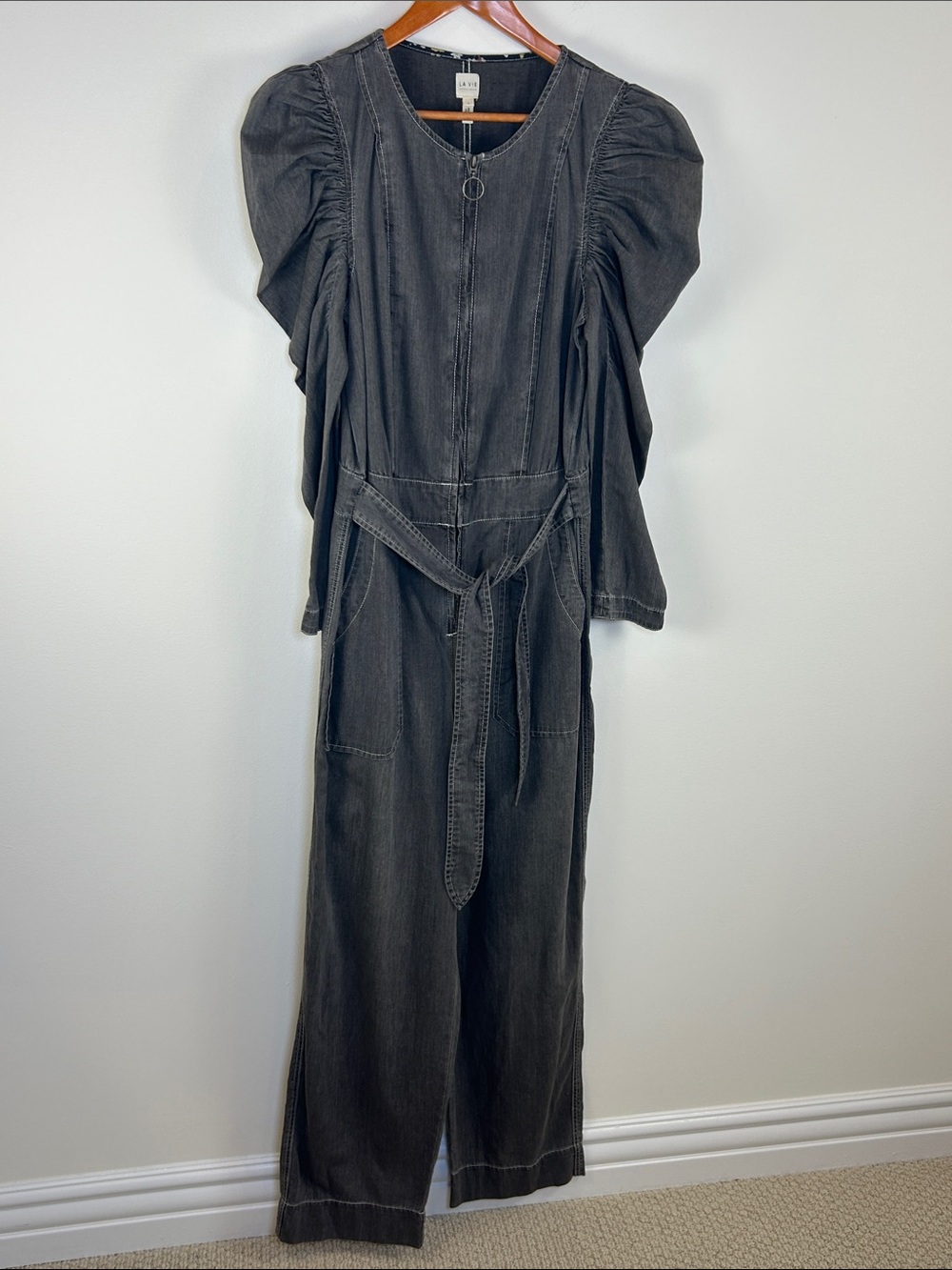 La Vie Rebecca Taylor Washed Black Puff Sleeve Denim Jumpsuit L